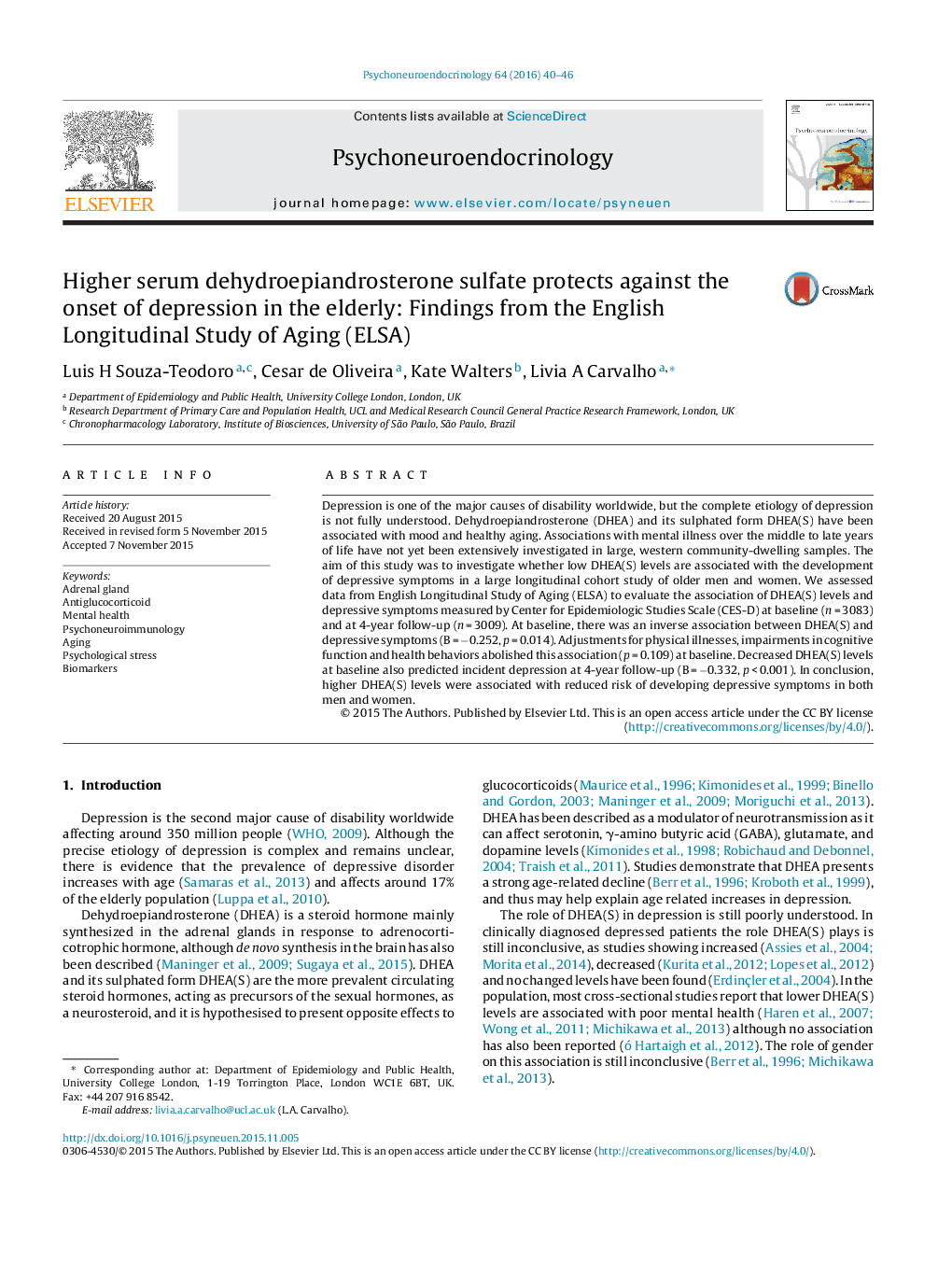 Higher serum dehydroepiandrosterone sulfate protects against the onset of depression in the elderly: Findings from the English Longitudinal Study of Aging (ELSA)