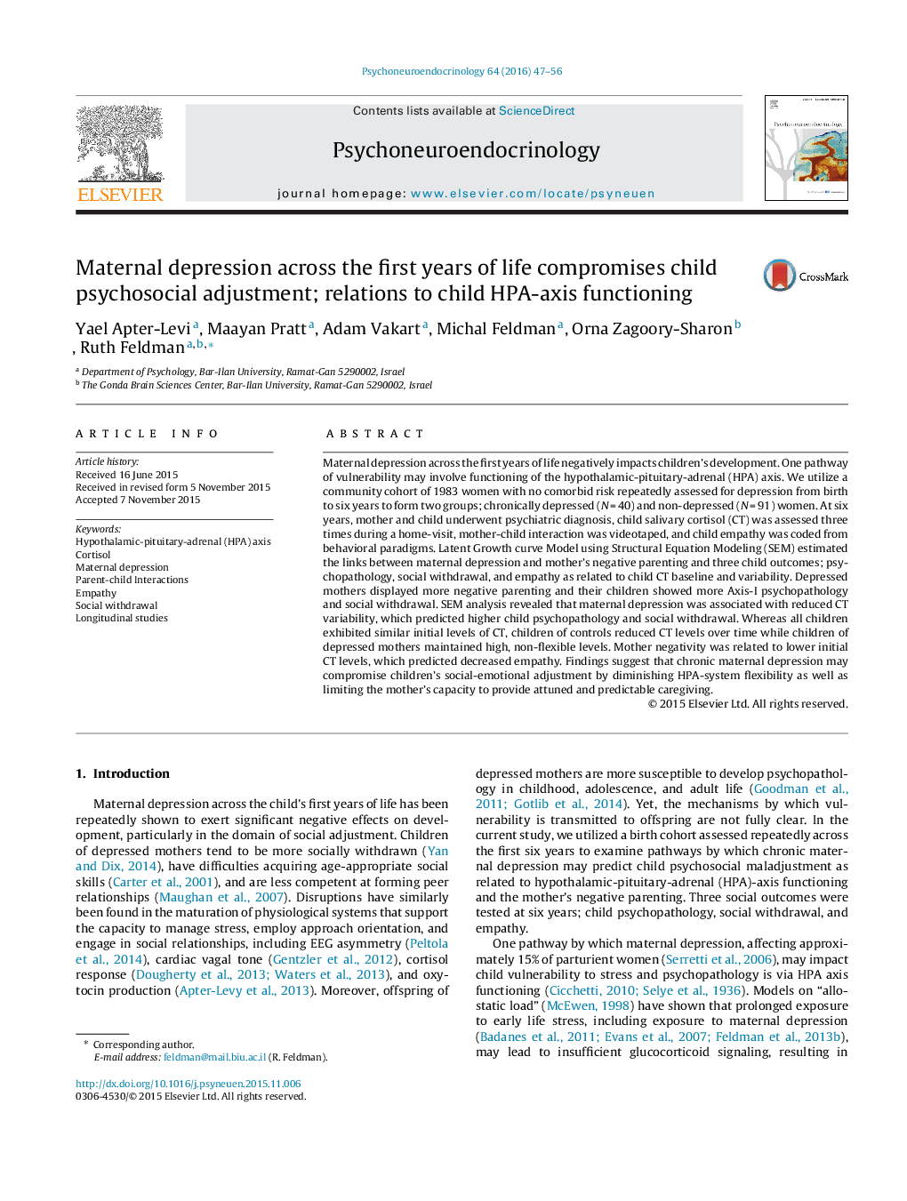 Maternal depression across the first years of life compromises child psychosocial adjustment; relations to child HPA-axis functioning