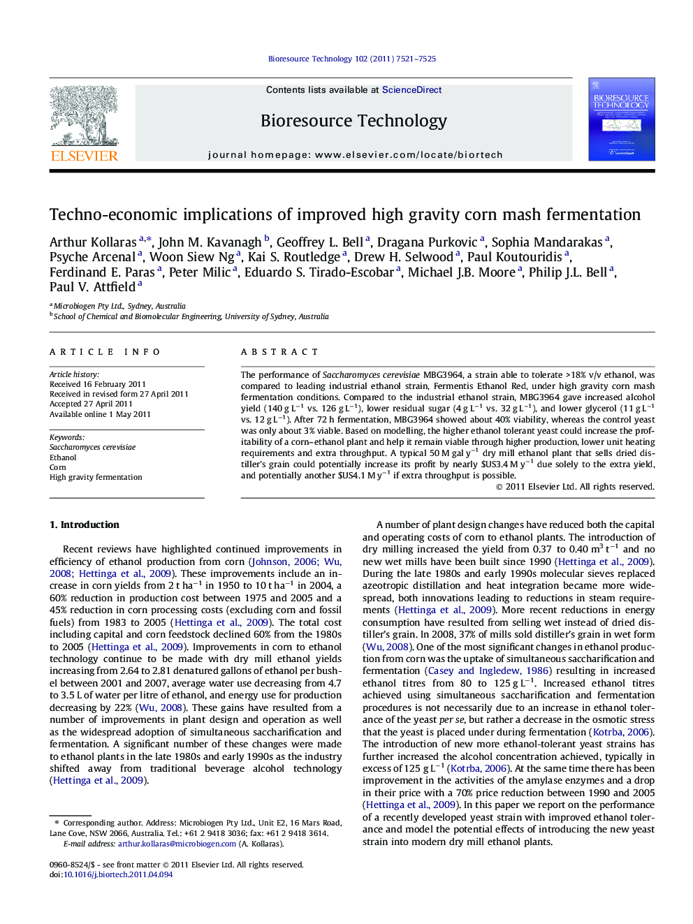 عکس صفحه اول مقاله: Techno-economic implications of improved high gravity corn mash fermentation Techno-economic implications of improved high gravity corn mash fermentation