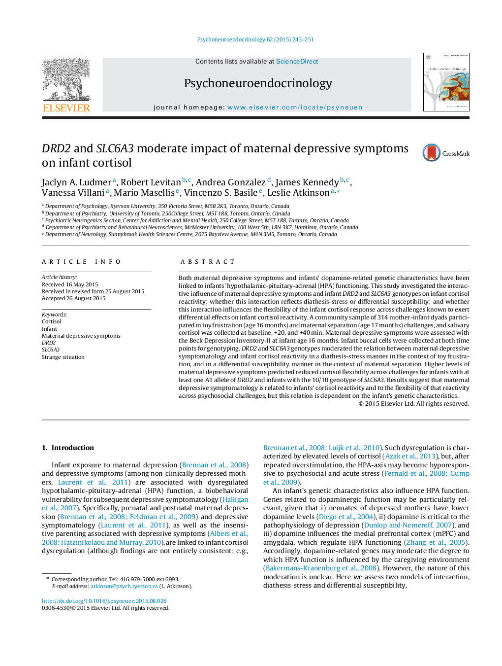 DRD2 and SLC6A3 moderate impact of maternal depressive symptoms on infant cortisol