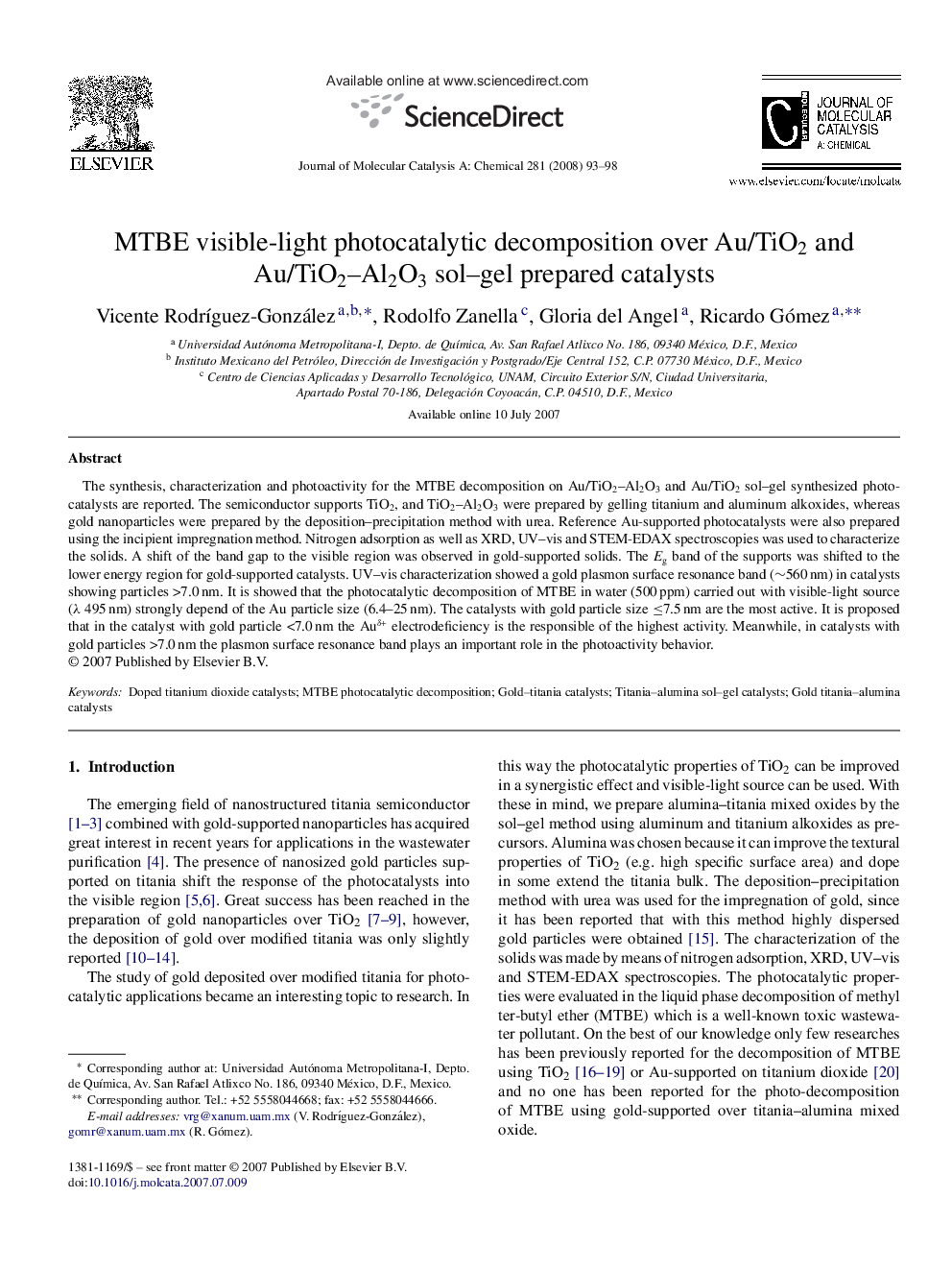 MTBE visible-light photocatalytic decomposition over Au/TiO2 and Au/TiO2–Al2O3 sol–gel prepared catalysts