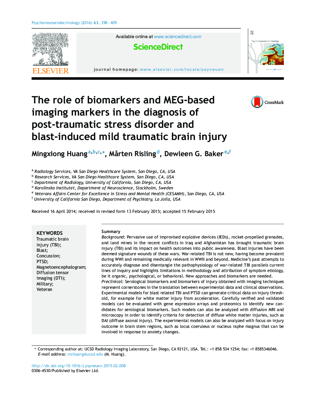 The role of biomarkers and MEG-based imaging markers in the diagnosis of post-traumatic stress disorder and blast-induced mild traumatic brain injury