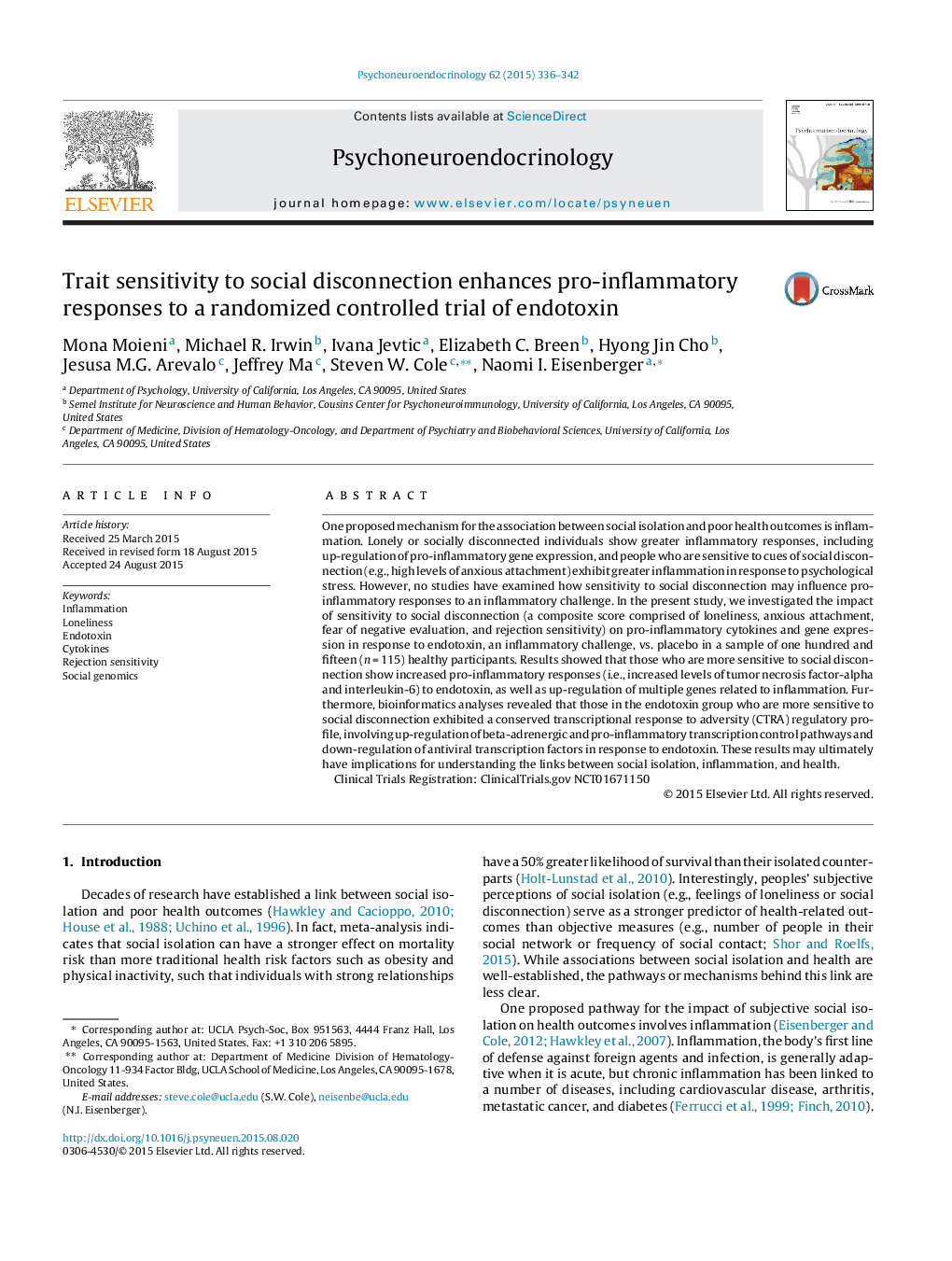 Trait sensitivity to social disconnection enhances pro-inflammatory responses to a randomized controlled trial of endotoxin