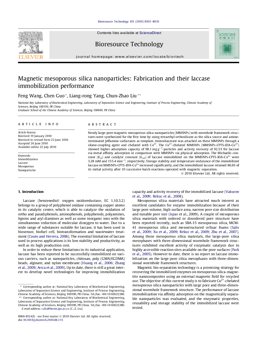 عکس صفحه اول مقاله: Magnetic mesoporous silica nanoparticles: Fabrication and their laccase immobilization performance Magnetic mesoporous silica nanoparticles: Fabrication and their laccase immobilization performance