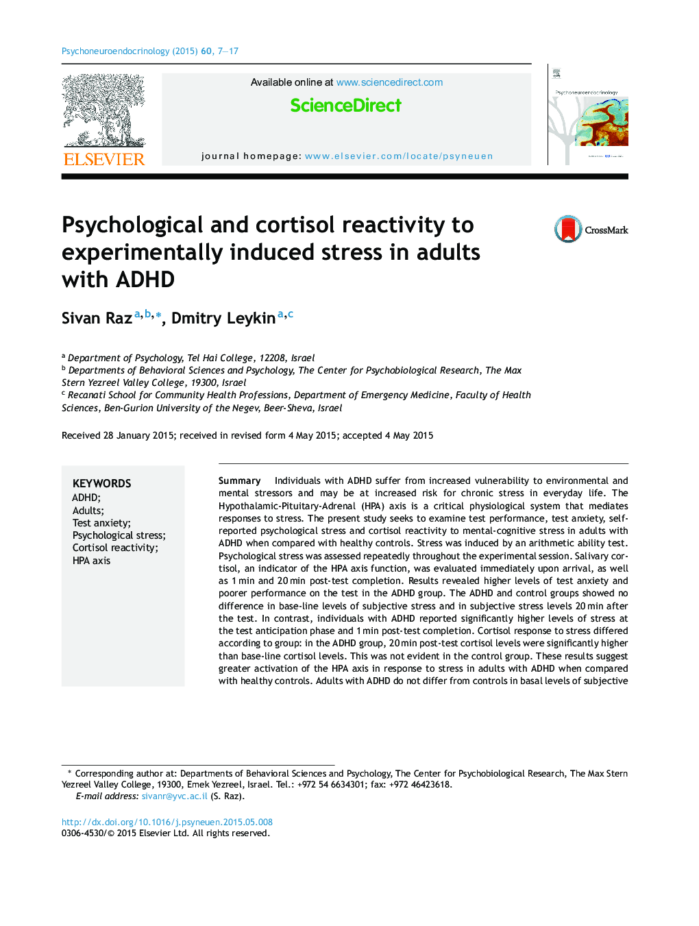 Psychological and cortisol reactivity to experimentally induced stress in adults with ADHD