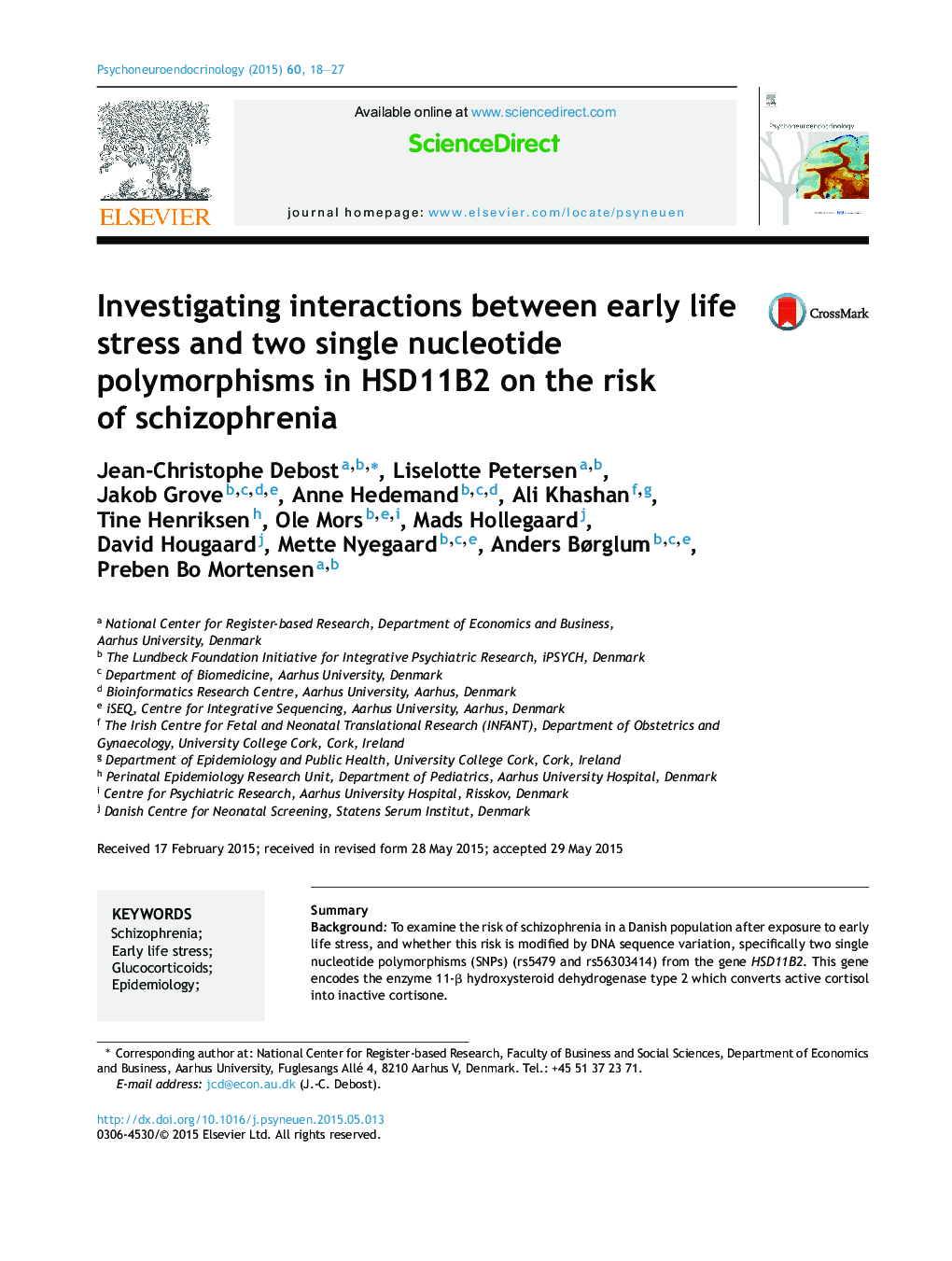 Investigating interactions between early life stress and two single nucleotide polymorphisms in HSD11B2 on the risk of schizophrenia