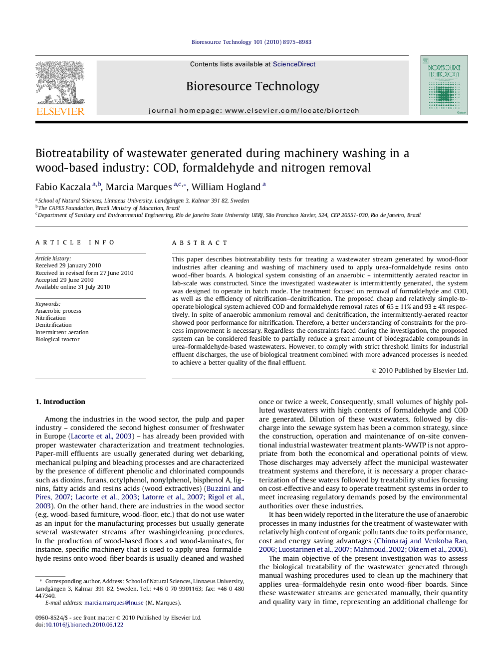 Biotreatability of wastewater generated during machinery washing in a wood-based industry: COD, formaldehyde and nitrogen removal