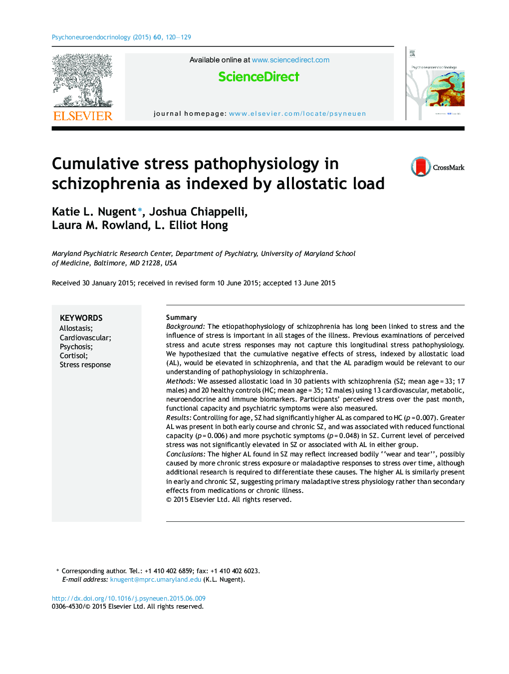 Cumulative stress pathophysiology in schizophrenia as indexed by allostatic load