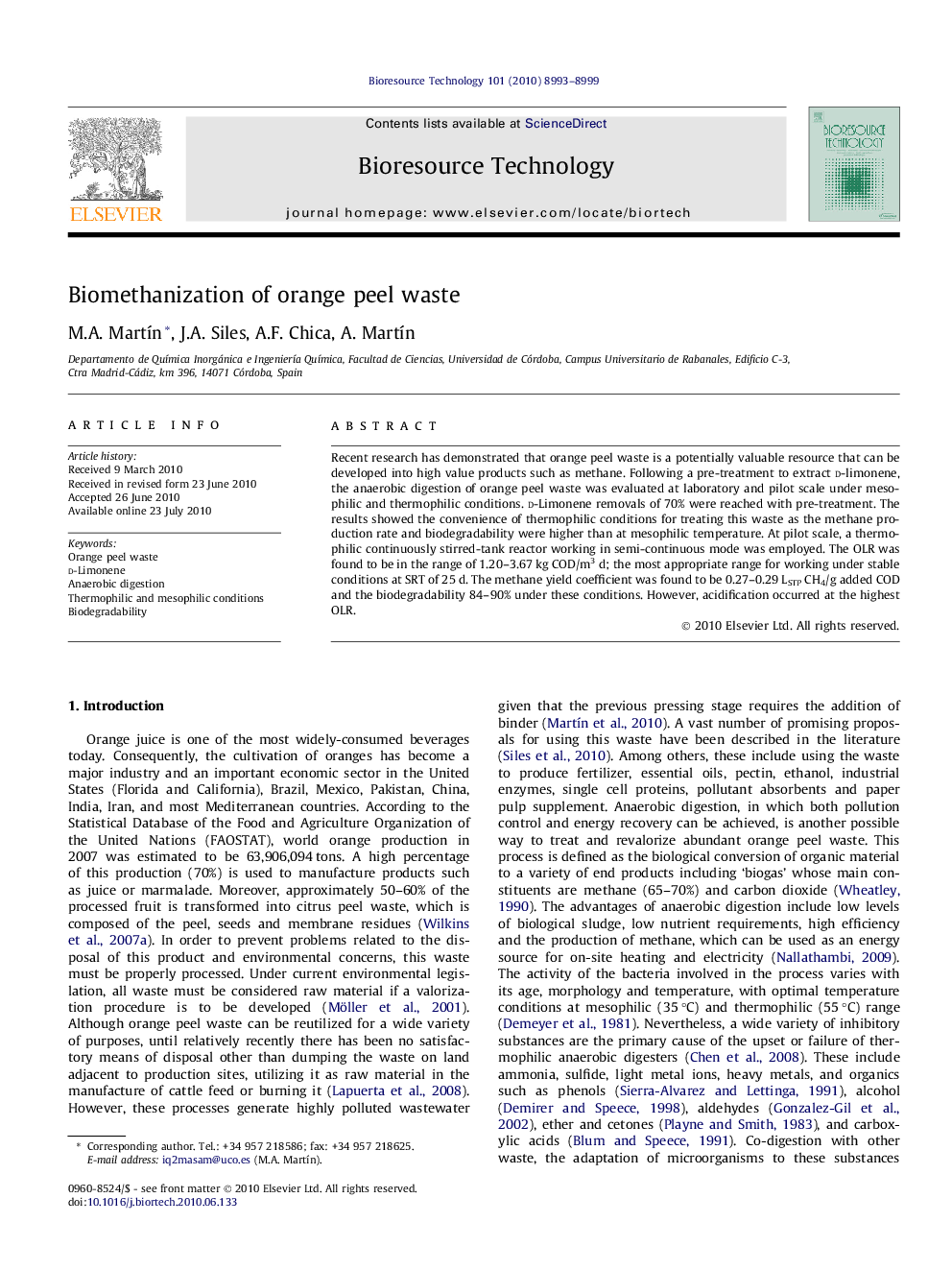 عکس صفحه اول مقاله: Biomethanization of orange peel waste Biomethanization of orange peel waste