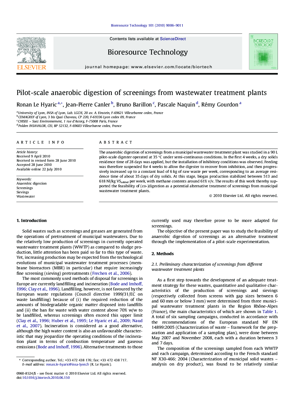 Pilot-scale anaerobic digestion of screenings from wastewater treatment plants