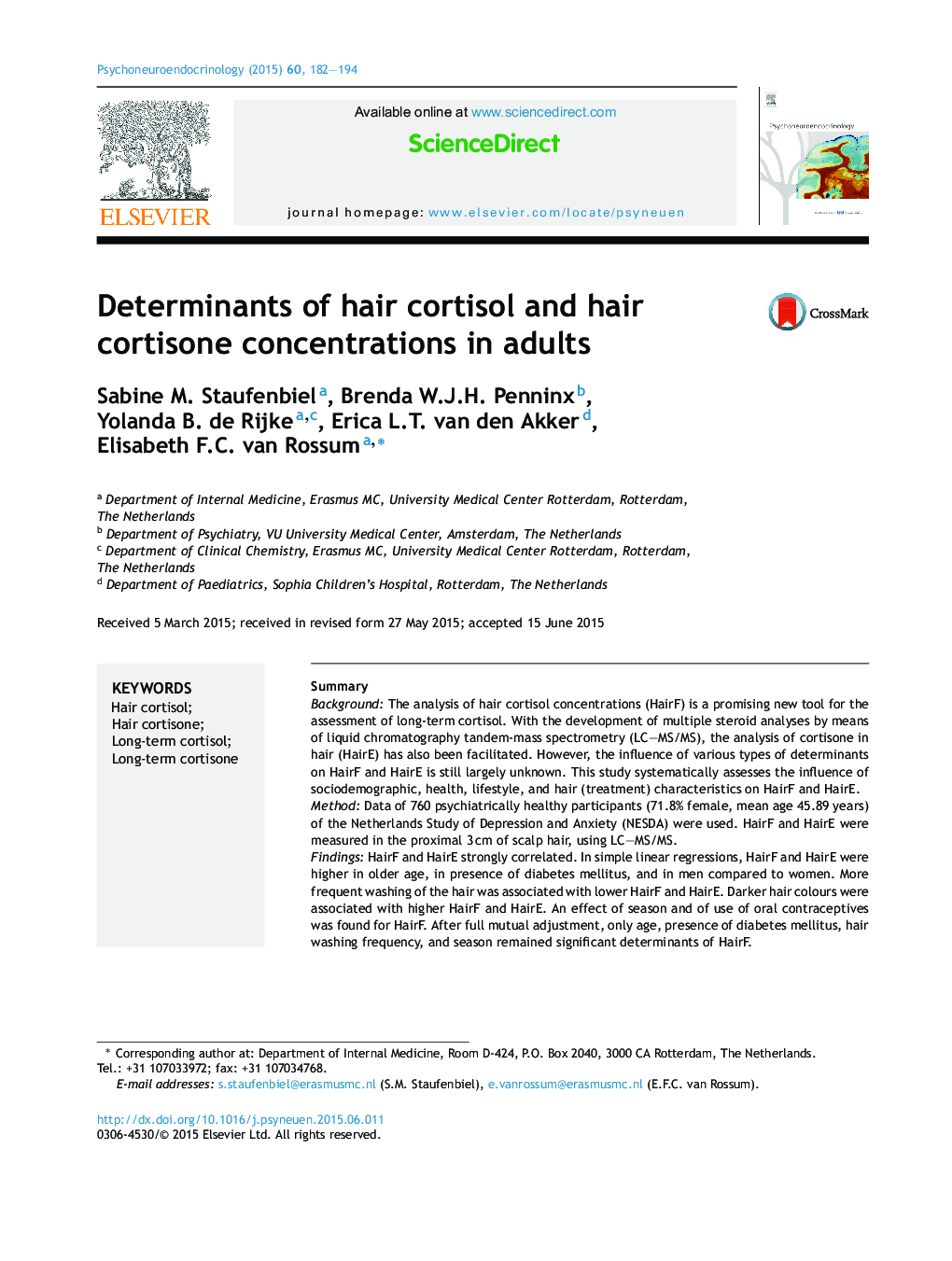 Determinants of hair cortisol and hair cortisone concentrations in adults