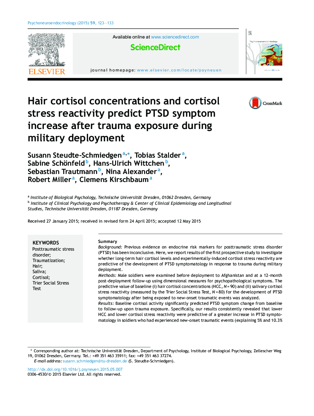 Hair cortisol concentrations and cortisol stress reactivity predict PTSD symptom increase after trauma exposure during military deployment