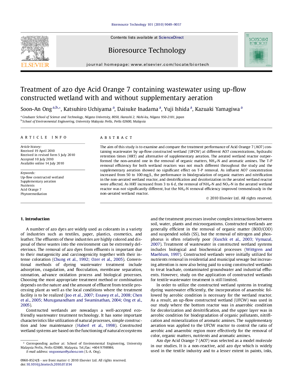 Treatment of azo dye Acid Orange 7 containing wastewater using up-flow constructed wetland with and without supplementary aeration