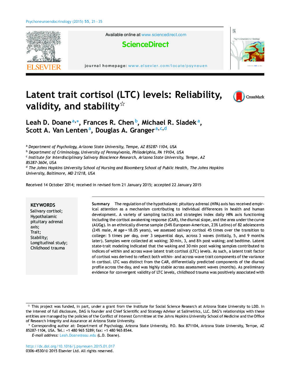 Latent trait cortisol (LTC) levels: Reliability, validity, and stability