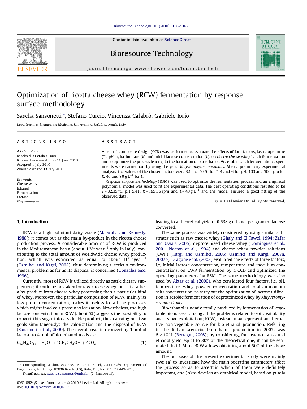 Optimization of ricotta cheese whey (RCW) fermentation by response surface methodology