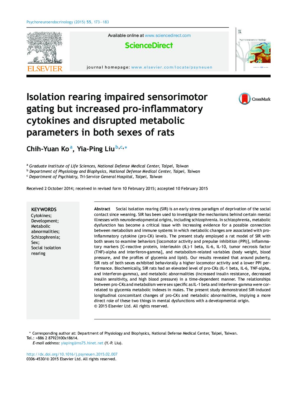 Isolation rearing impaired sensorimotor gating but increased pro-inflammatory cytokines and disrupted metabolic parameters in both sexes of rats