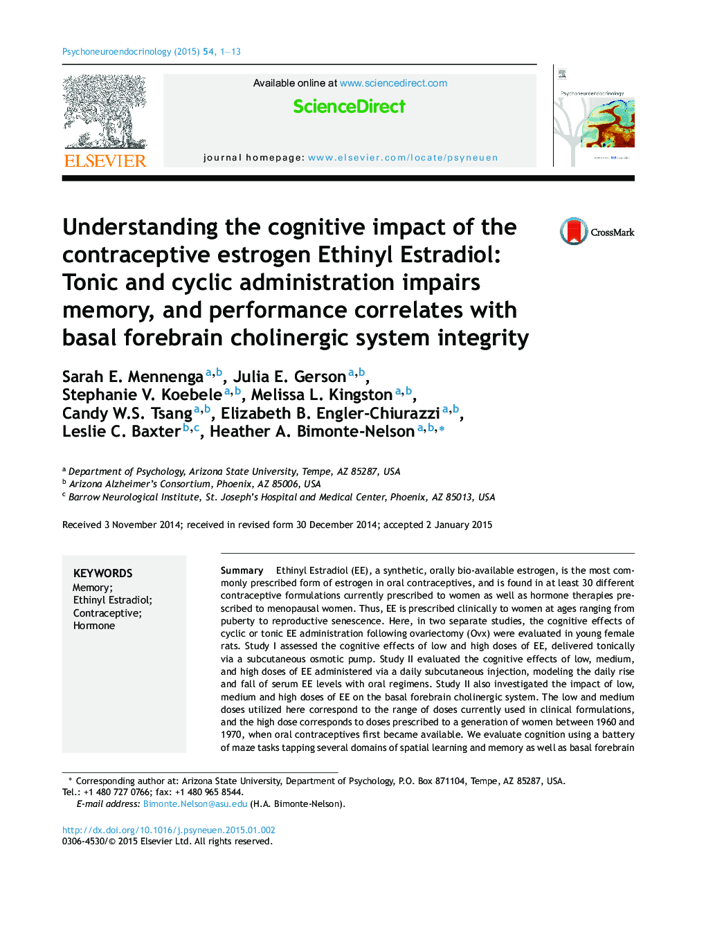 Understanding the cognitive impact of the contraceptive estrogen Ethinyl Estradiol: Tonic and cyclic administration impairs memory, and performance correlates with basal forebrain cholinergic system integrity