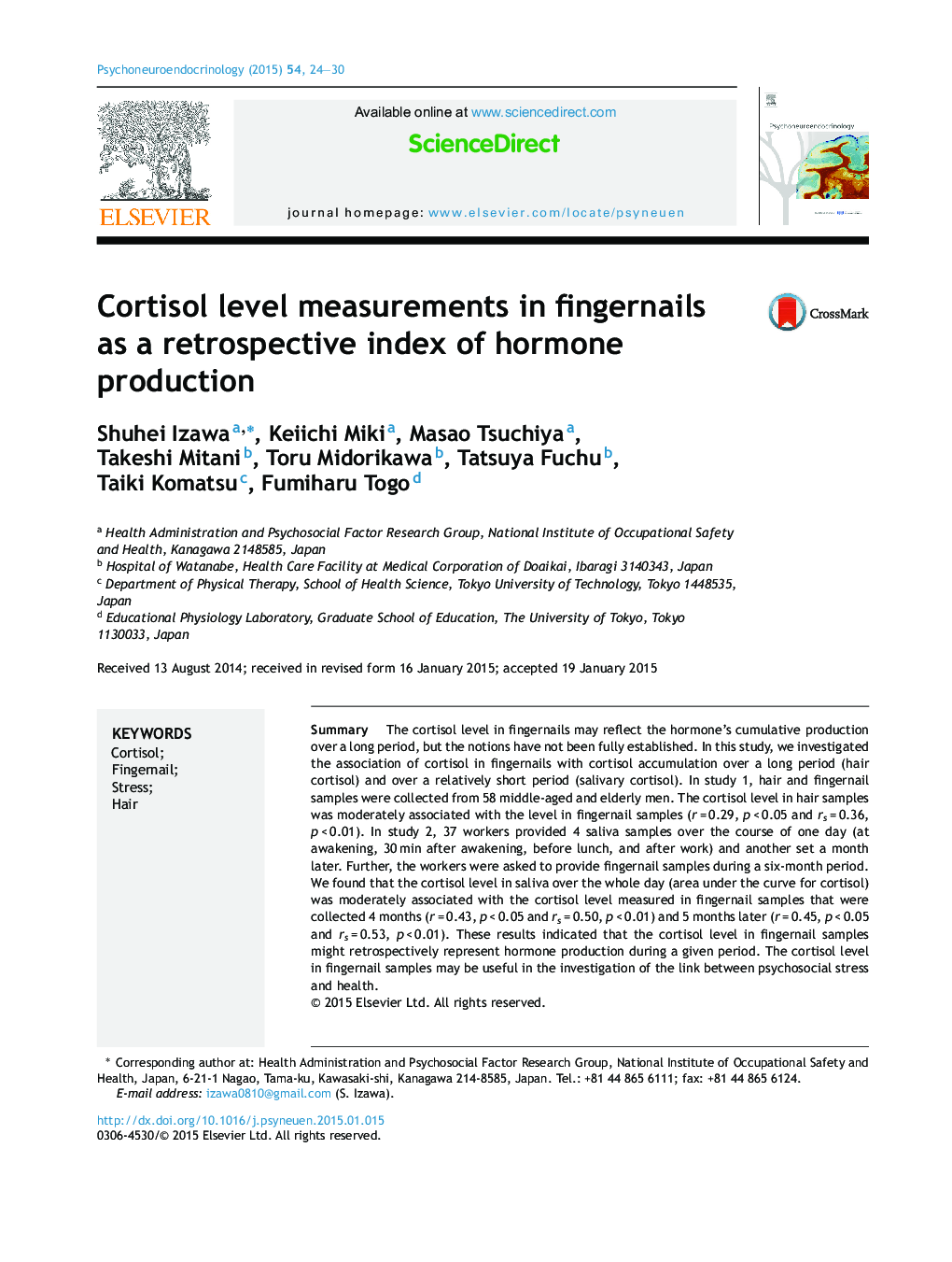 Cortisol level measurements in fingernails as a retrospective index of hormone production