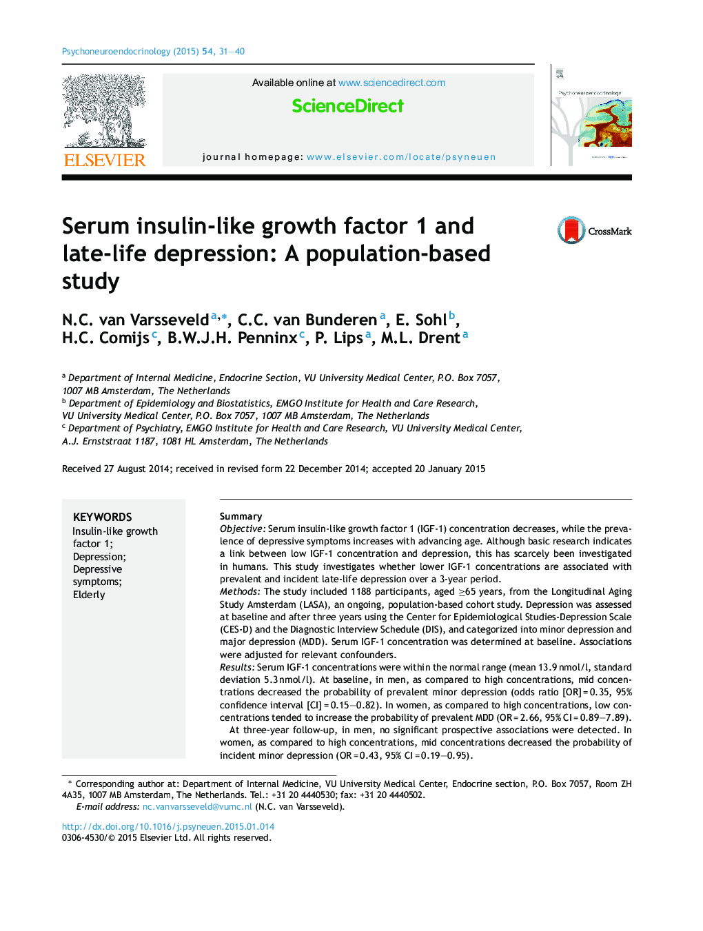 Serum insulin-like growth factor 1 and late-life depression: A population-based study