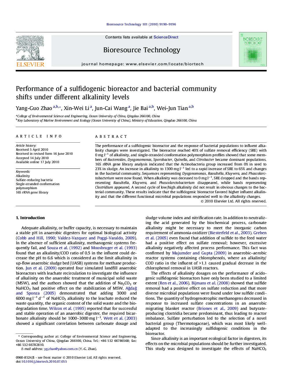 Performance of a sulfidogenic bioreactor and bacterial community shifts under different alkalinity levels