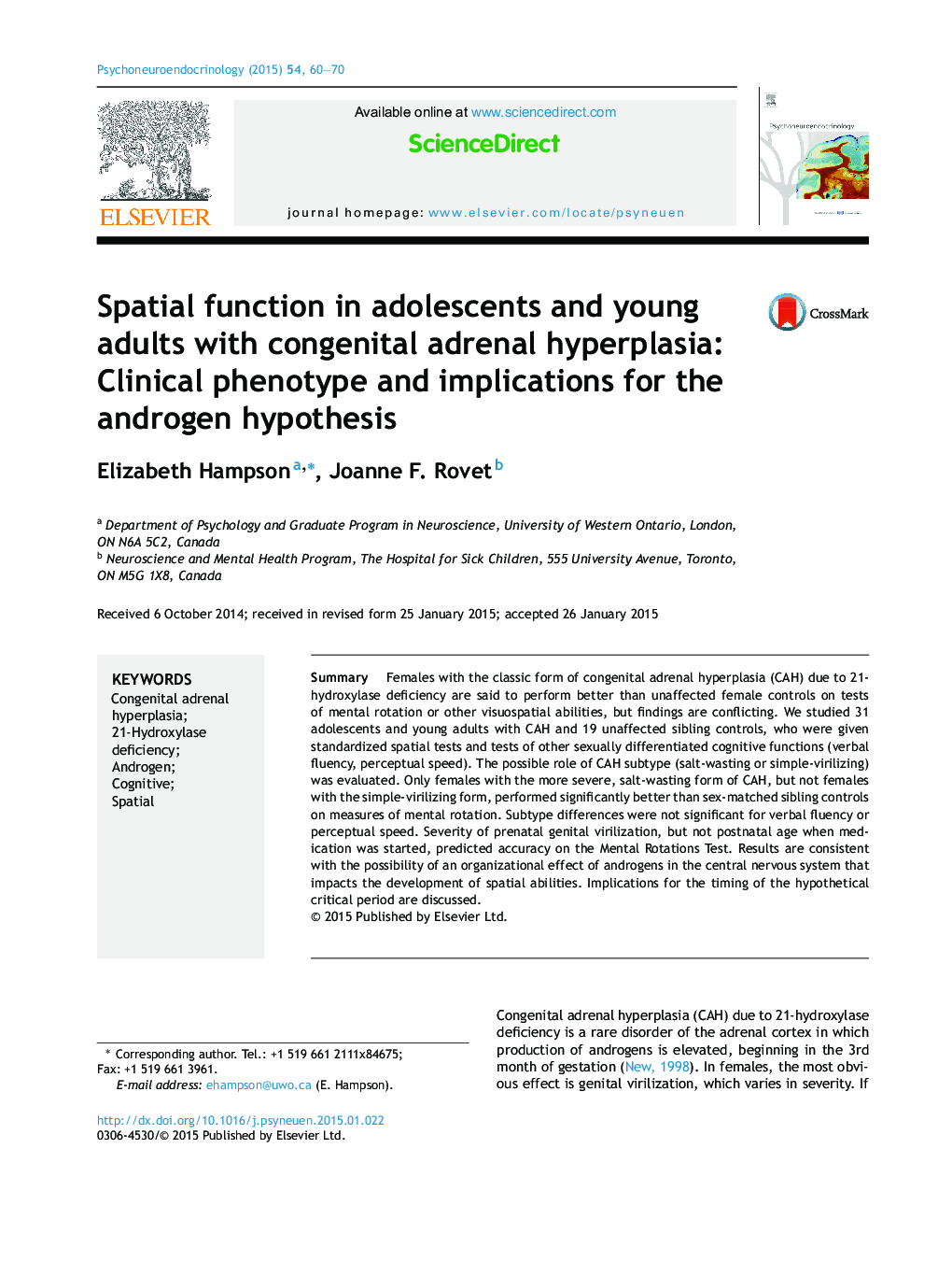 Spatial function in adolescents and young adults with congenital adrenal hyperplasia: Clinical phenotype and implications for the androgen hypothesis