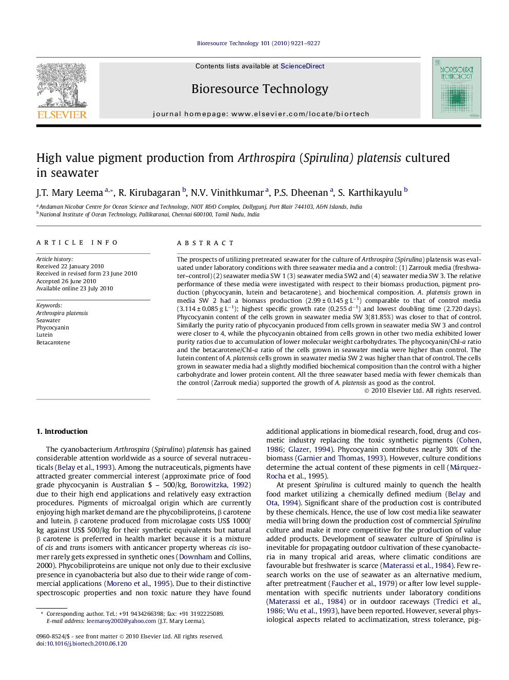 High value pigment production from Arthrospira (Spirulina) platensis cultured in seawater