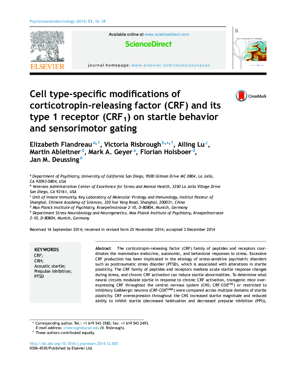 Cell type-specific modifications of corticotropin-releasing factor (CRF) and its type 1 receptor (CRF1) on startle behavior and sensorimotor gating