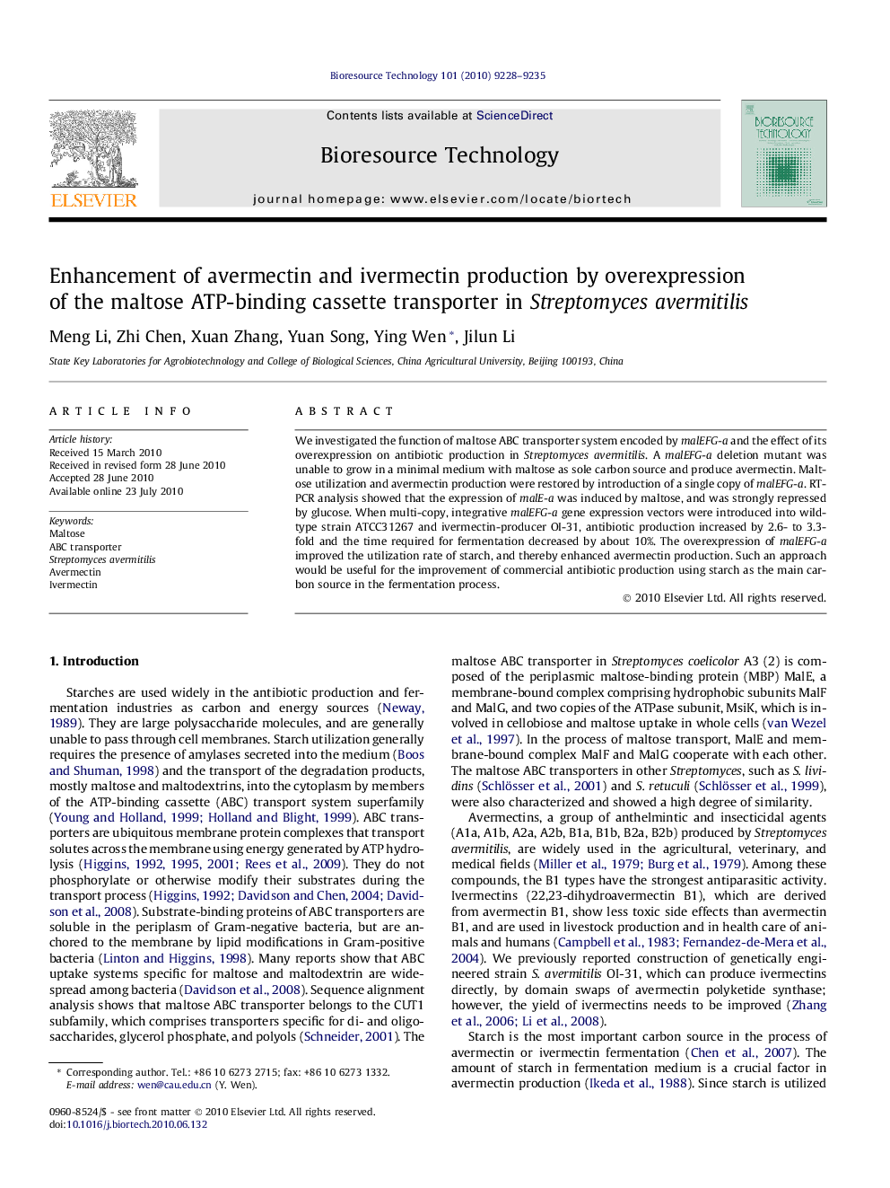 Enhancement of avermectin and ivermectin production by overexpression of the maltose ATP-binding cassette transporter in Streptomyces avermitilis