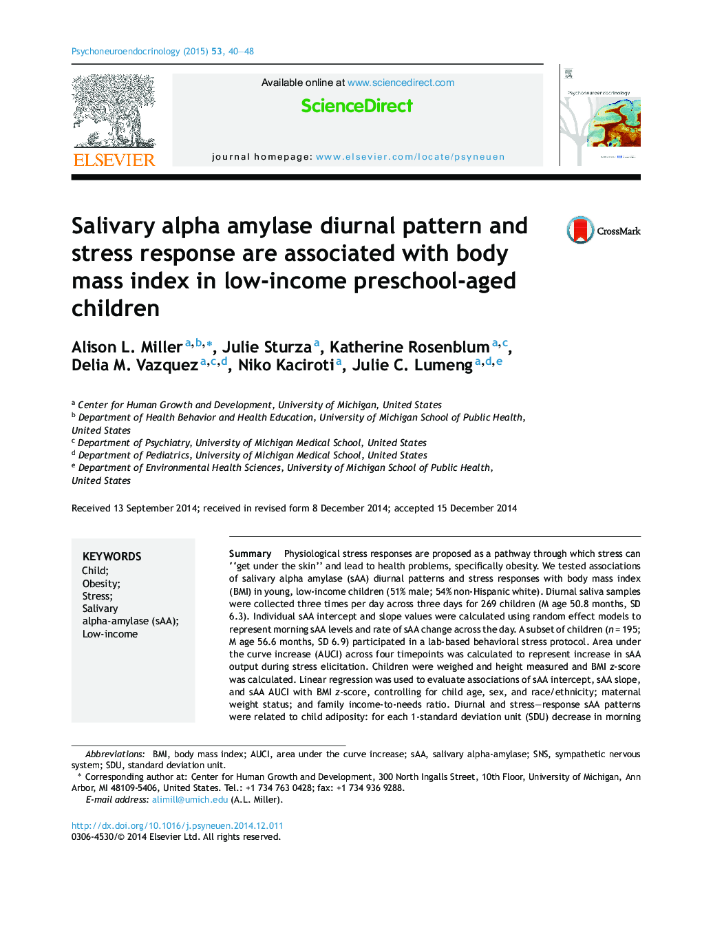 Salivary alpha amylase diurnal pattern and stress response are associated with body mass index in low-income preschool-aged children