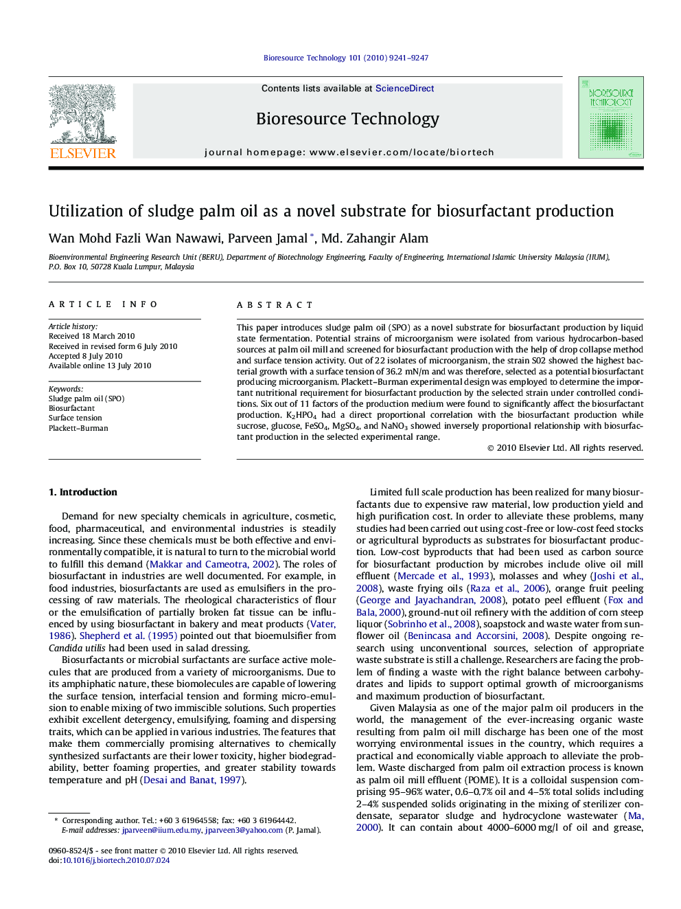 Utilization of sludge palm oil as a novel substrate for biosurfactant production