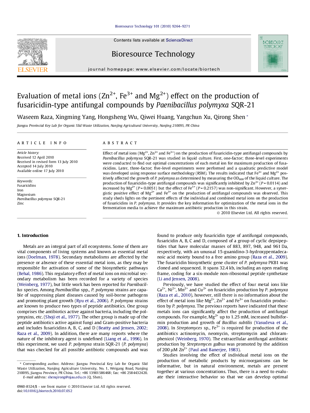 عکس صفحه اول مقاله: Evaluation of metal ions (Zn2+, Fe3+ and Mg2+) effect on the production of fusaricidin-type antifungal compounds by Paenibacillus polymyxa SQR-21 Evaluation of metal ions (Zn2+, Fe3+ and Mg2+) effect on the production of fusaricidin-type antifungal compounds by Paenibacillus polymyxa SQR-21