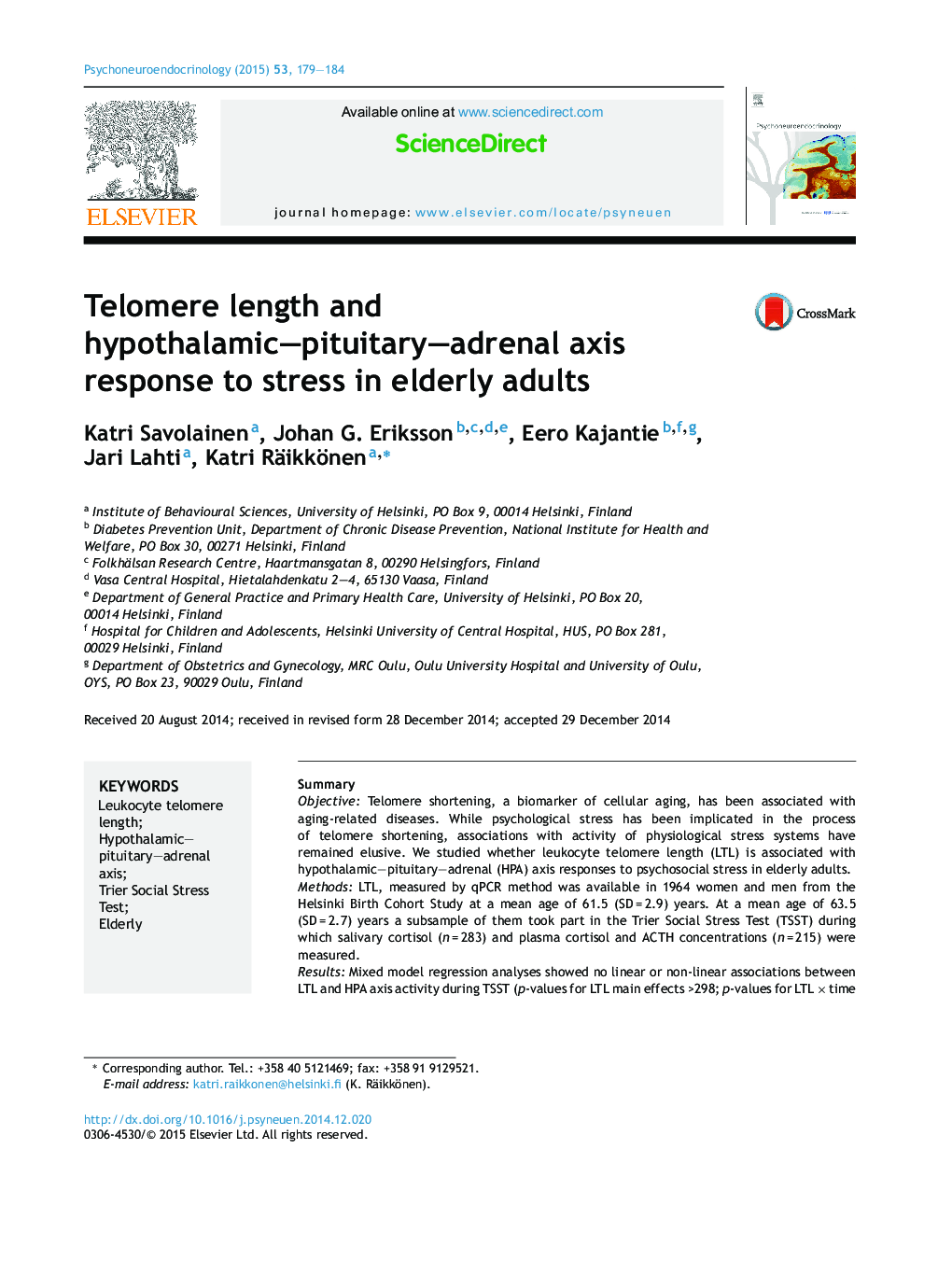 Telomere length and hypothalamic-pituitary-adrenal axis response to stress in elderly adults