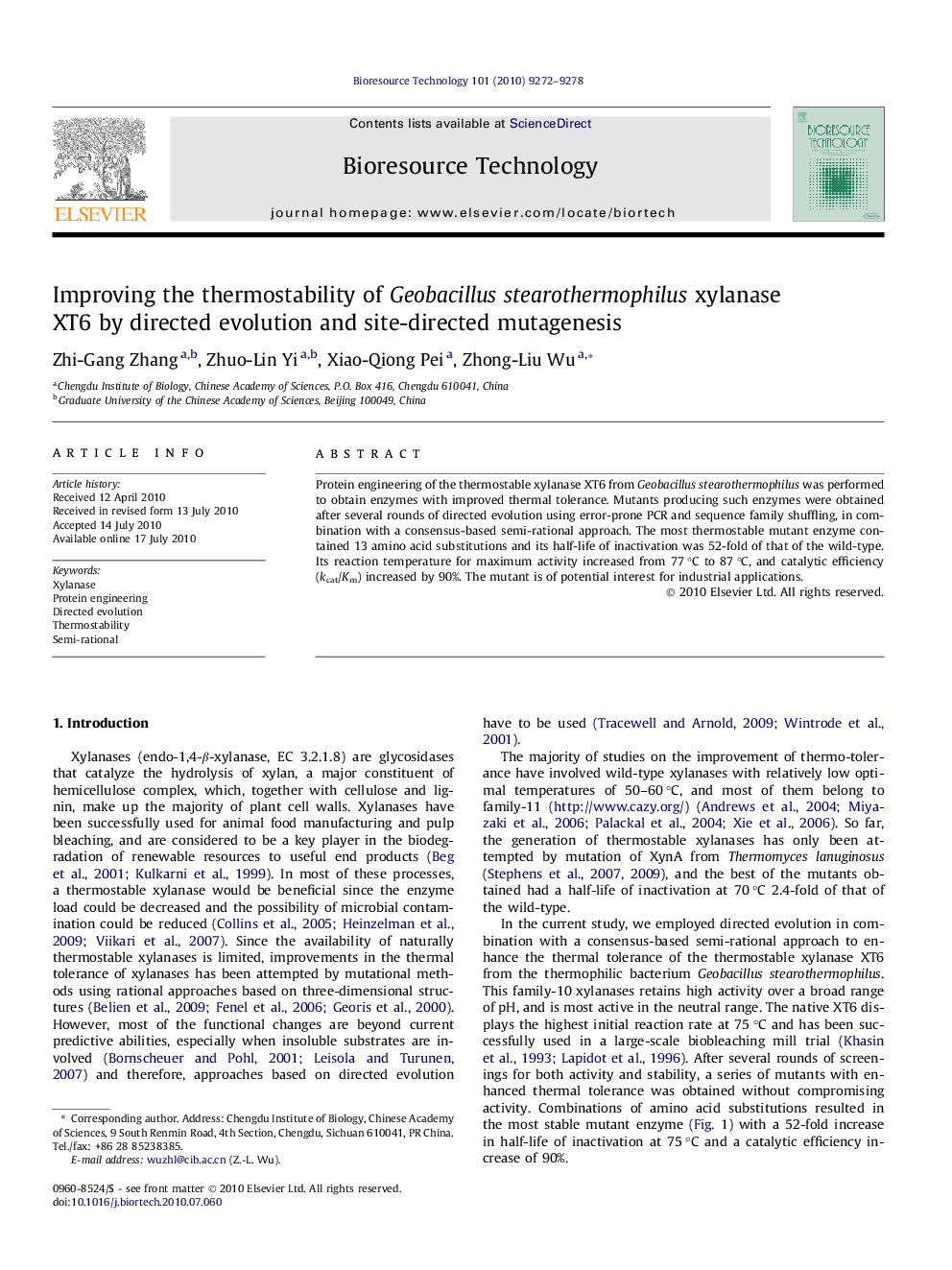 Improving the thermostability of Geobacillus stearothermophilus xylanase XT6 by directed evolution and site-directed mutagenesis