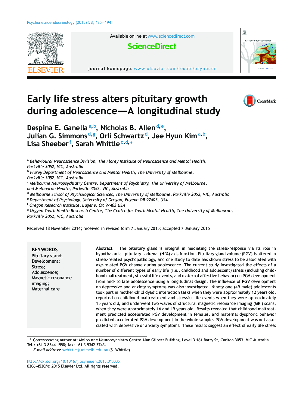 Early life stress alters pituitary growth during adolescence-A longitudinal study