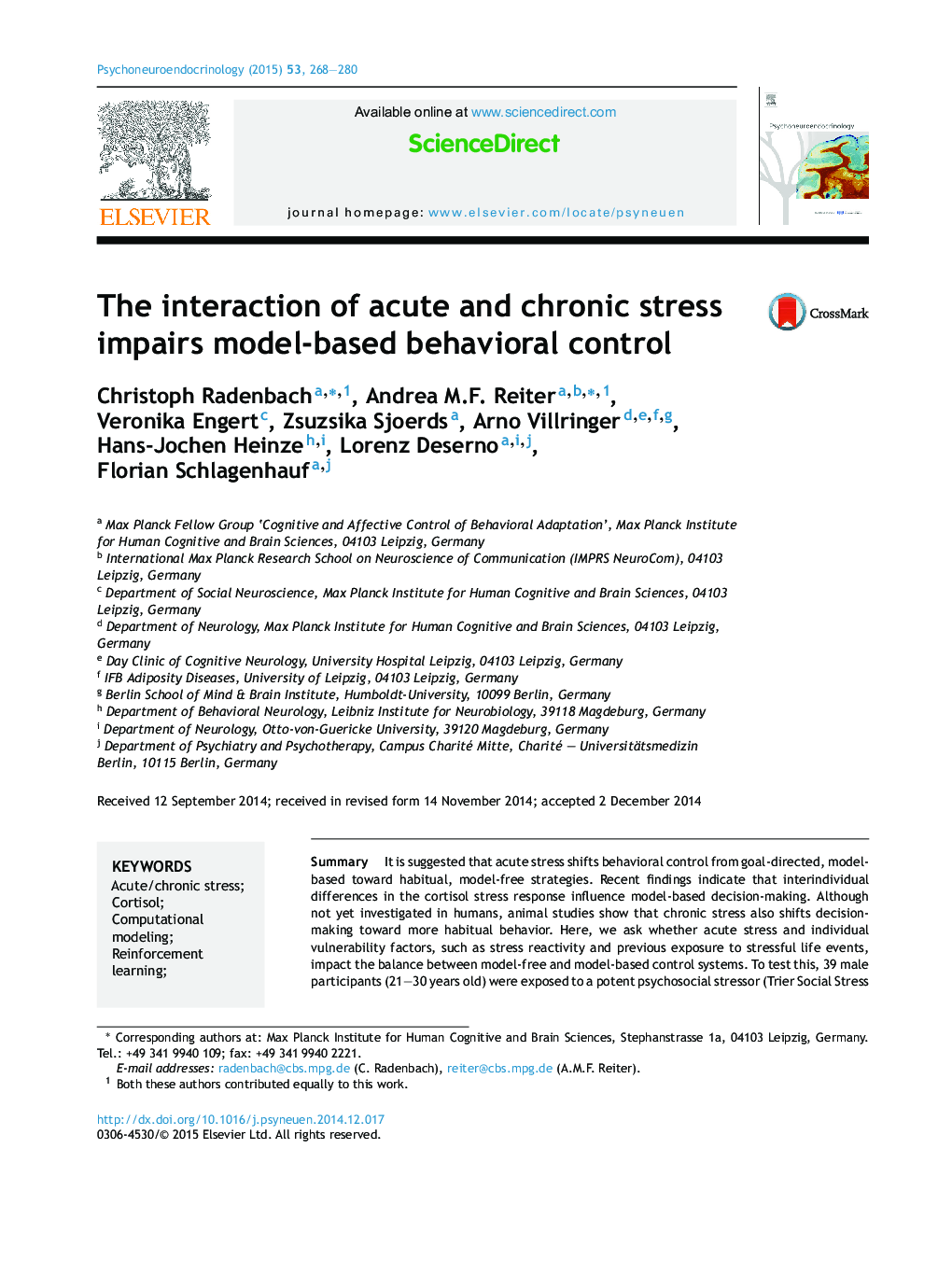 The interaction of acute and chronic stress impairs model-based behavioral control