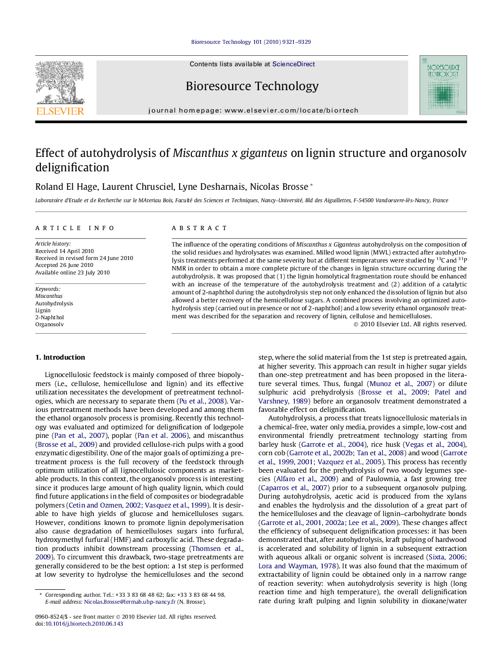 Effect of autohydrolysis of Miscanthus x giganteus on lignin structure and organosolv delignification