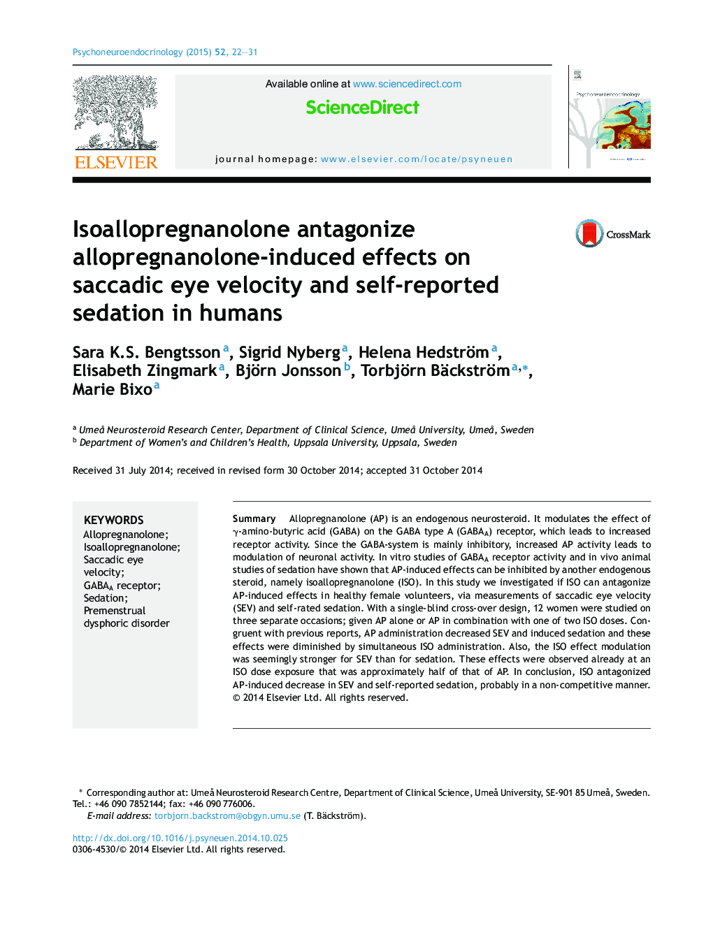 Isoallopregnanolone antagonize allopregnanolone-induced effects on saccadic eye velocity and self-reported sedation in humans