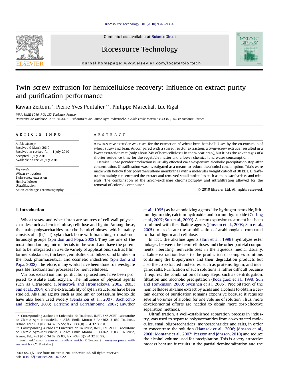 Twin-screw extrusion for hemicellulose recovery: Influence on extract purity and purification performance