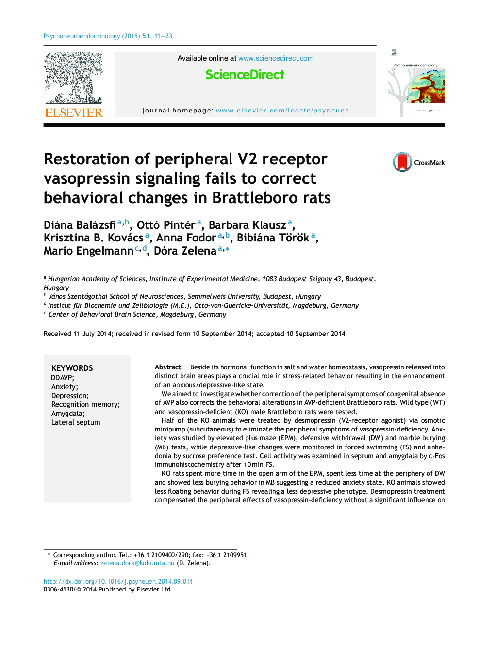 Restoration of peripheral V2 receptor vasopressin signaling fails to correct behavioral changes in Brattleboro rats
