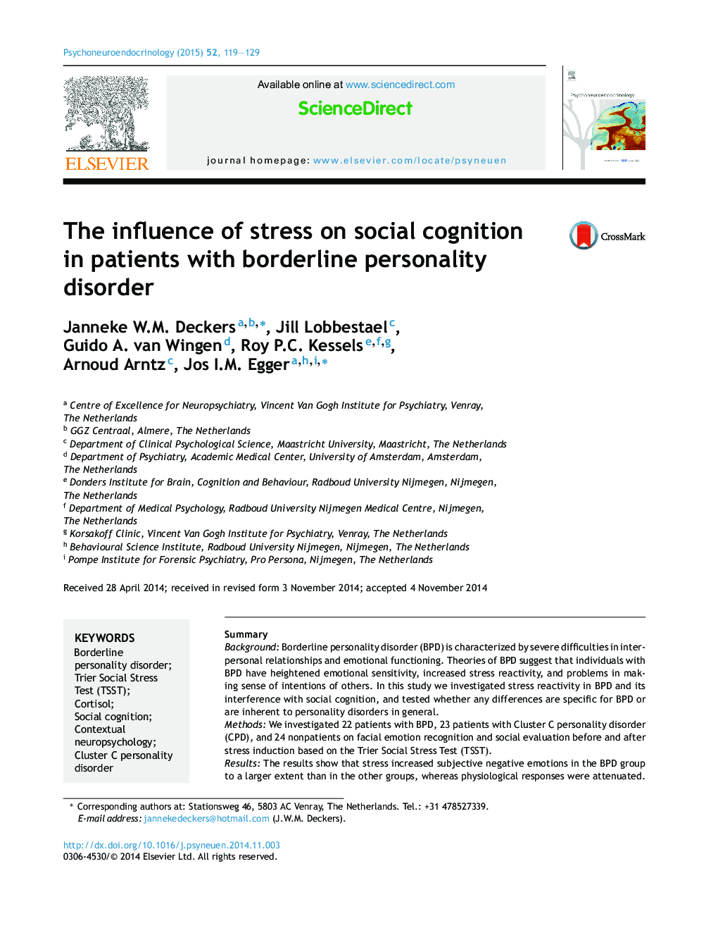 The influence of stress on social cognition in patients with borderline personality disorder