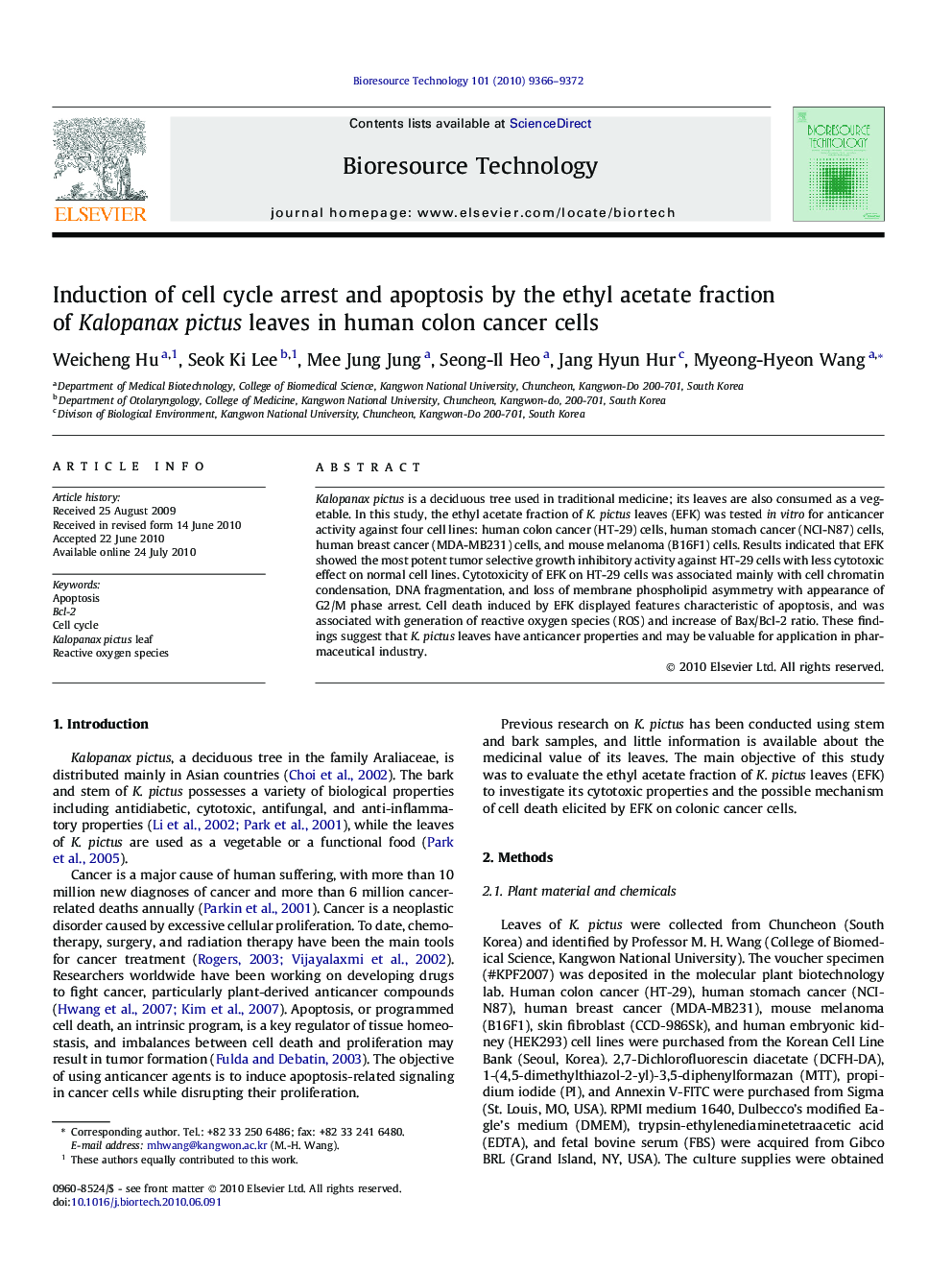 Induction of cell cycle arrest and apoptosis by the ethyl acetate fraction of Kalopanax pictus leaves in human colon cancer cells