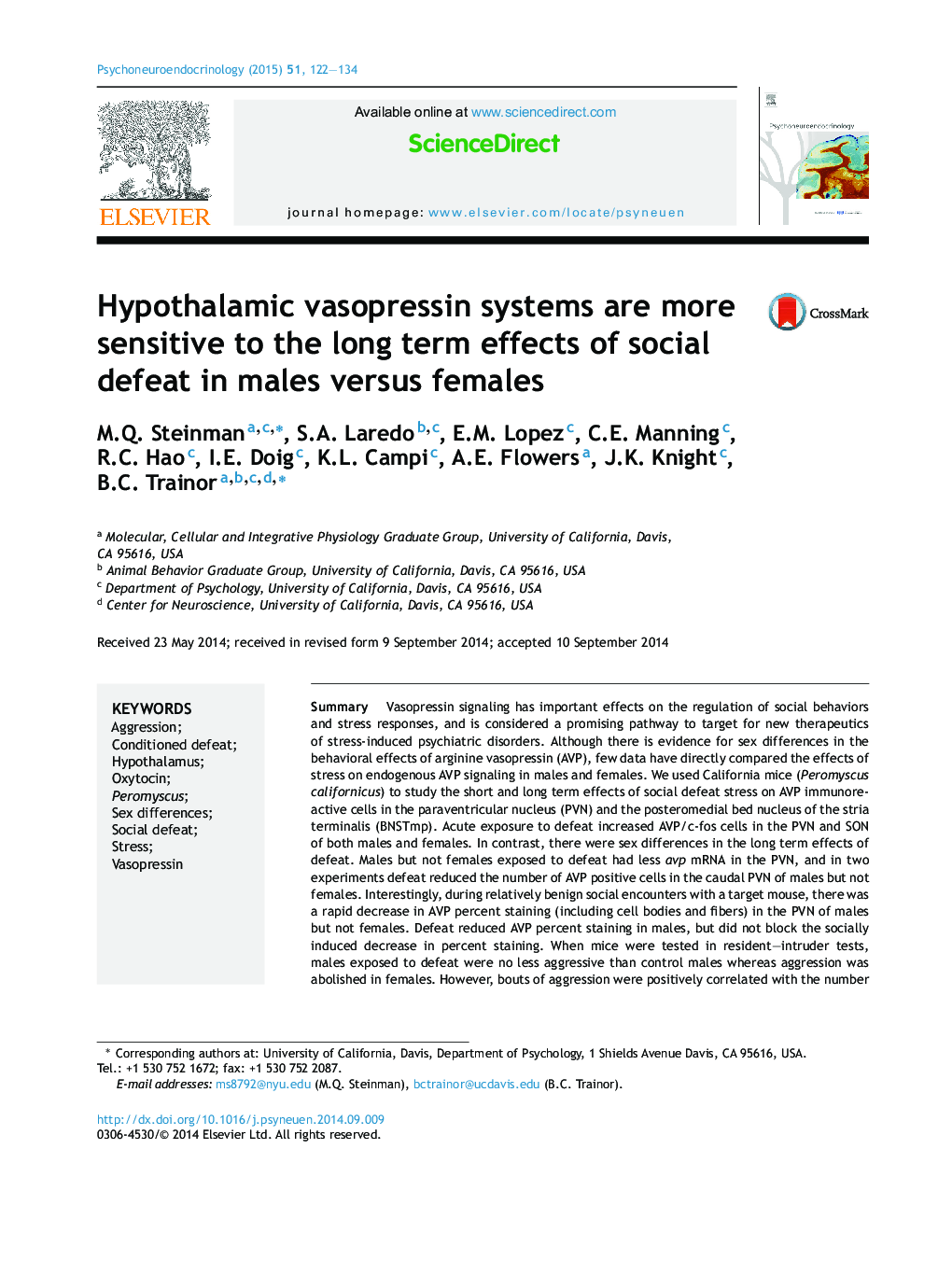 Hypothalamic vasopressin systems are more sensitive to the long term effects of social defeat in males versus females