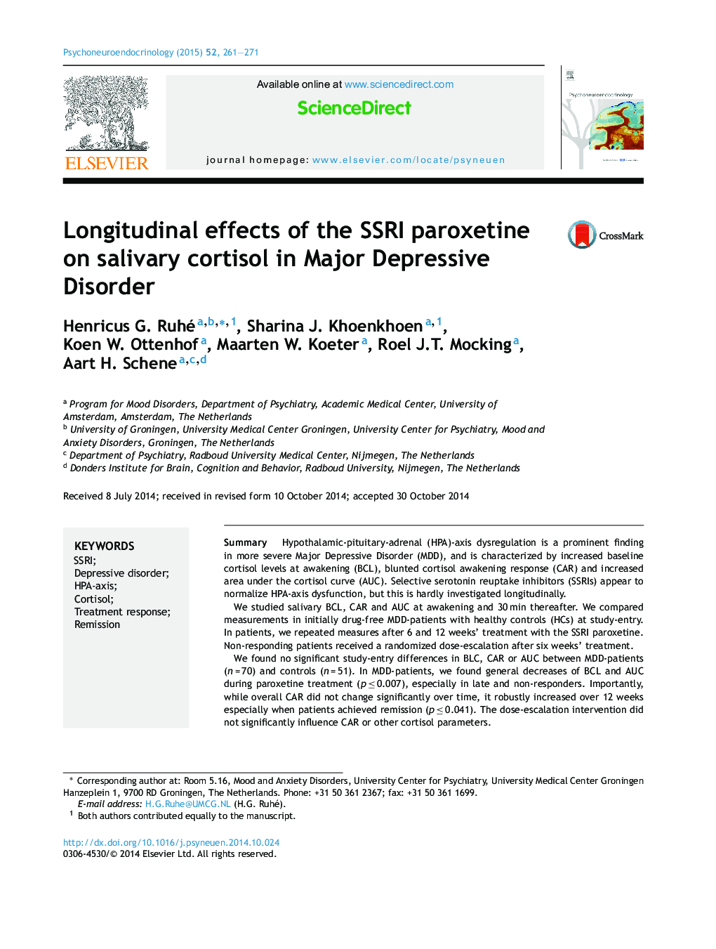 Longitudinal effects of the SSRI paroxetine on salivary cortisol in Major Depressive Disorder