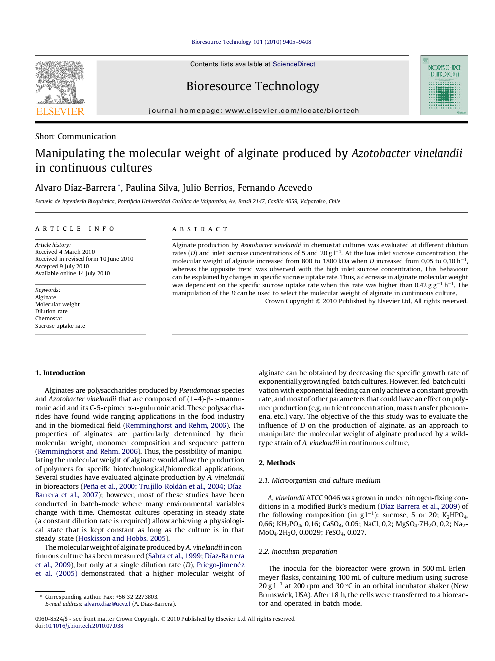 Manipulating the molecular weight of alginate produced by Azotobacter vinelandii in continuous cultures