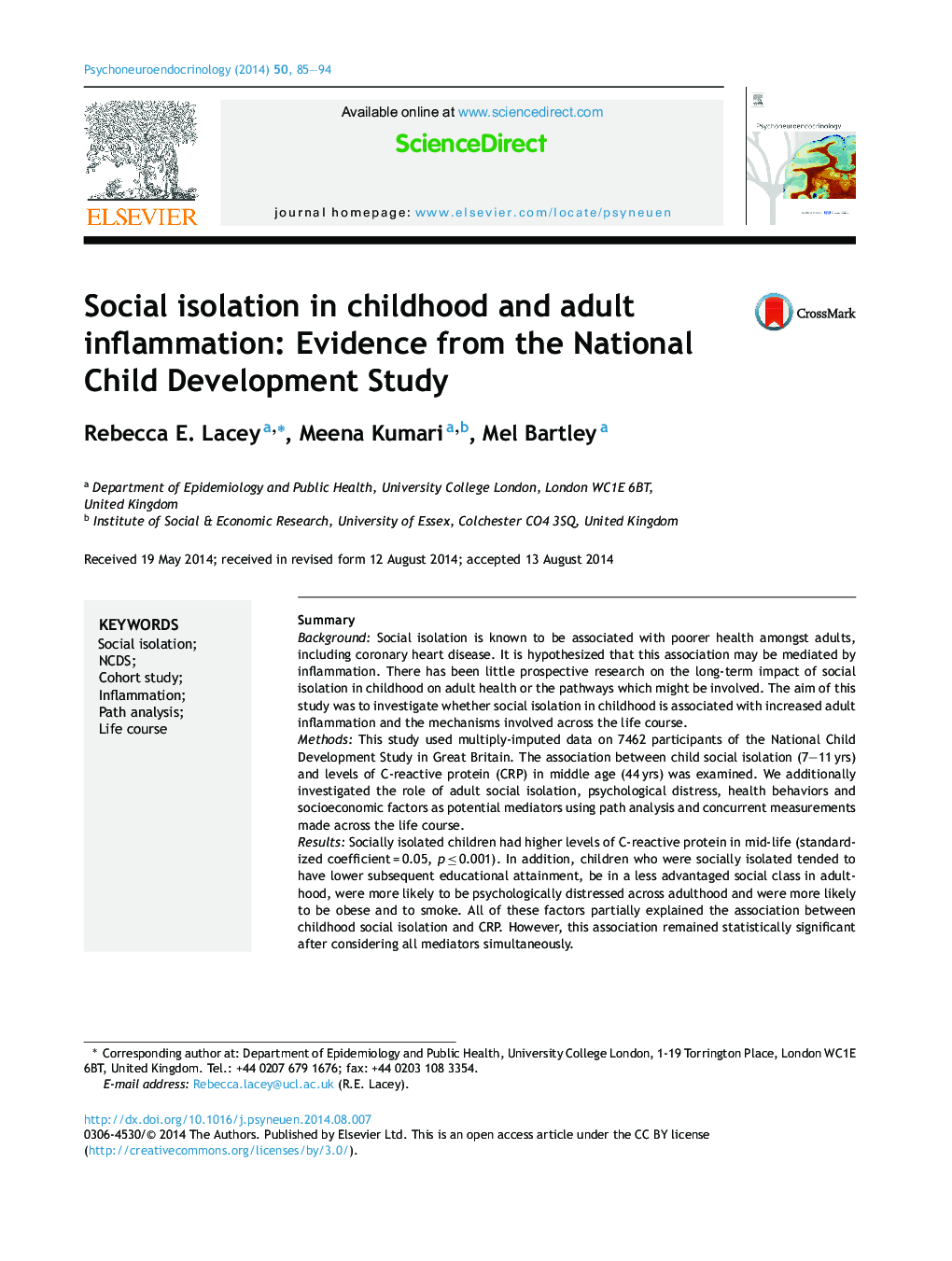 Social isolation in childhood and adult inflammation: Evidence from the National Child Development Study