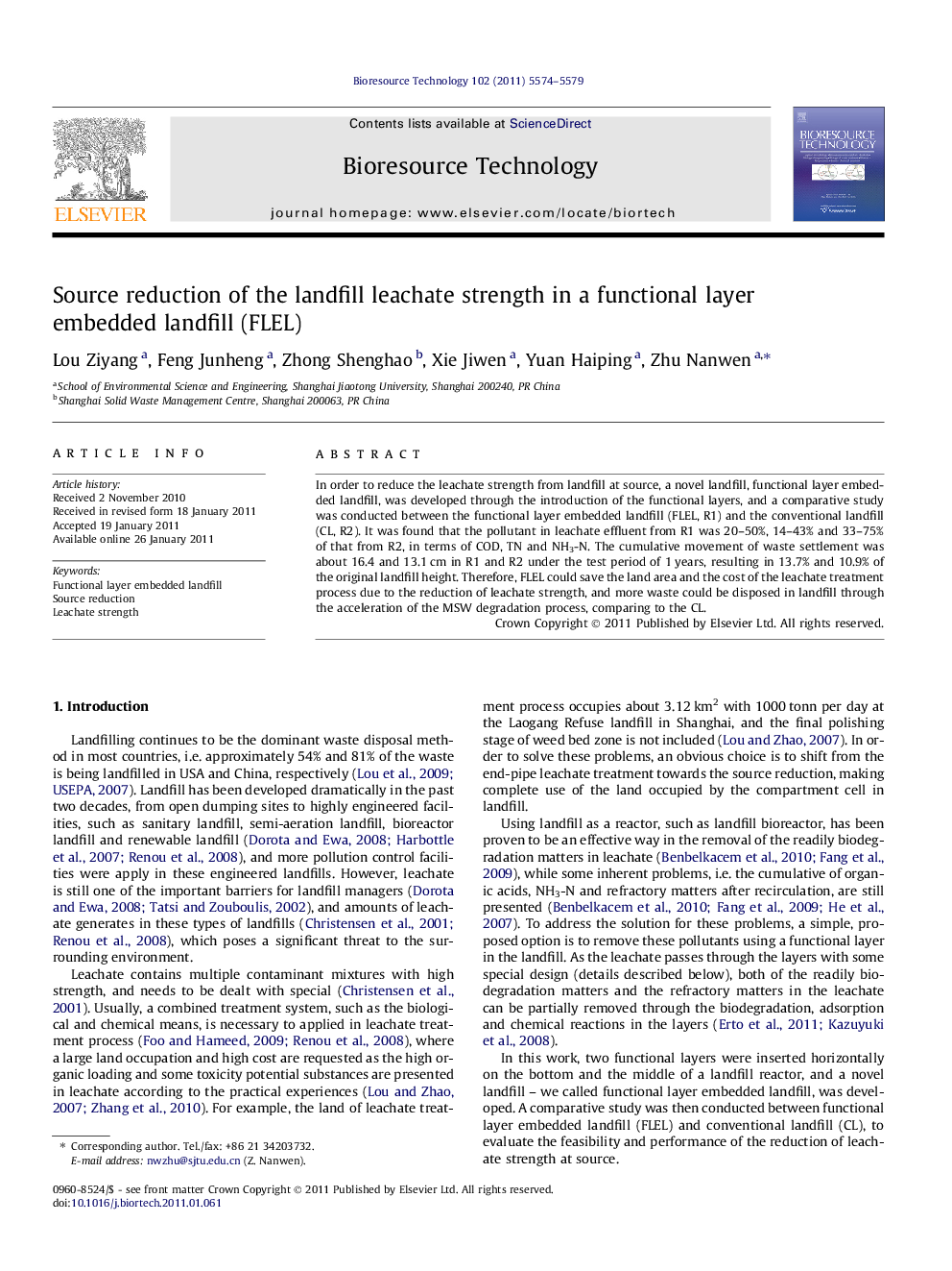 عکس صفحه اول مقاله: Source reduction of the landfill leachate strength in a functional layer embedded landfill (FLEL) Source reduction of the landfill leachate strength in a functional layer embedded landfill (FLEL)