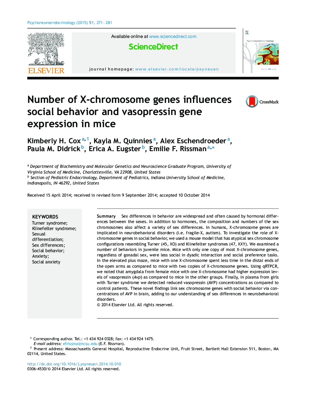 Number of X-chromosome genes influences social behavior and vasopressin gene expression in mice