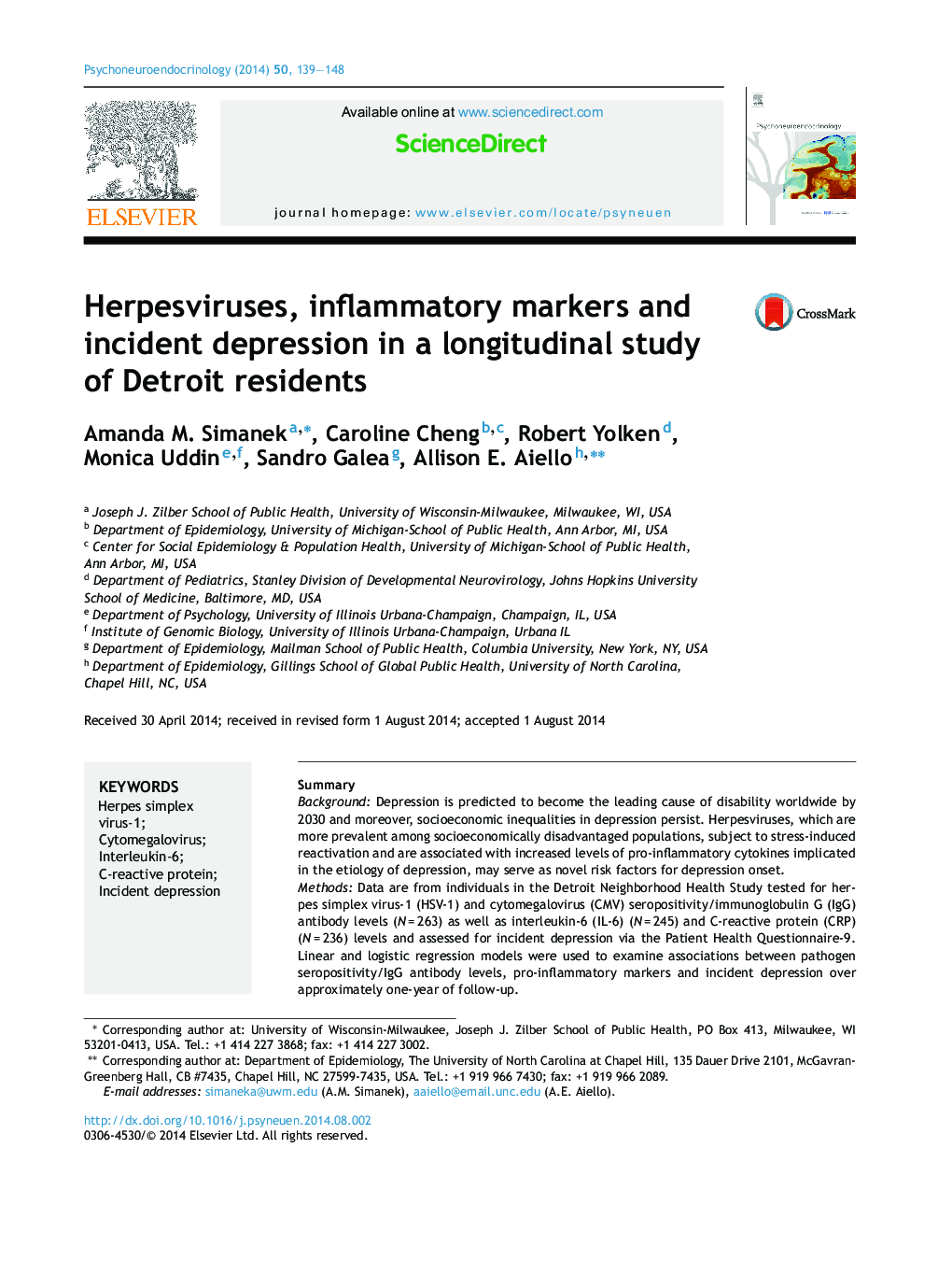 Herpesviruses, inflammatory markers and incident depression in a longitudinal study of Detroit residents