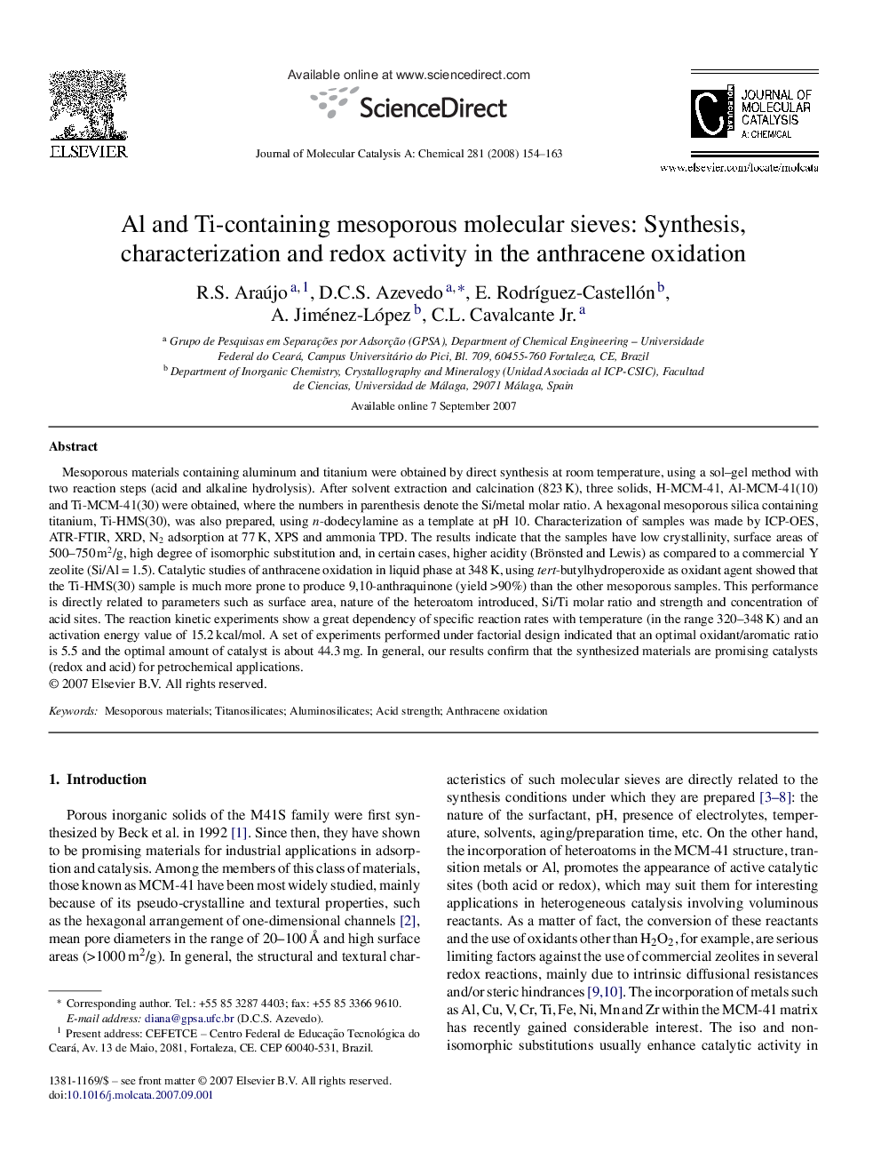 Al and Ti-containing mesoporous molecular sieves: Synthesis, characterization and redox activity in the anthracene oxidation