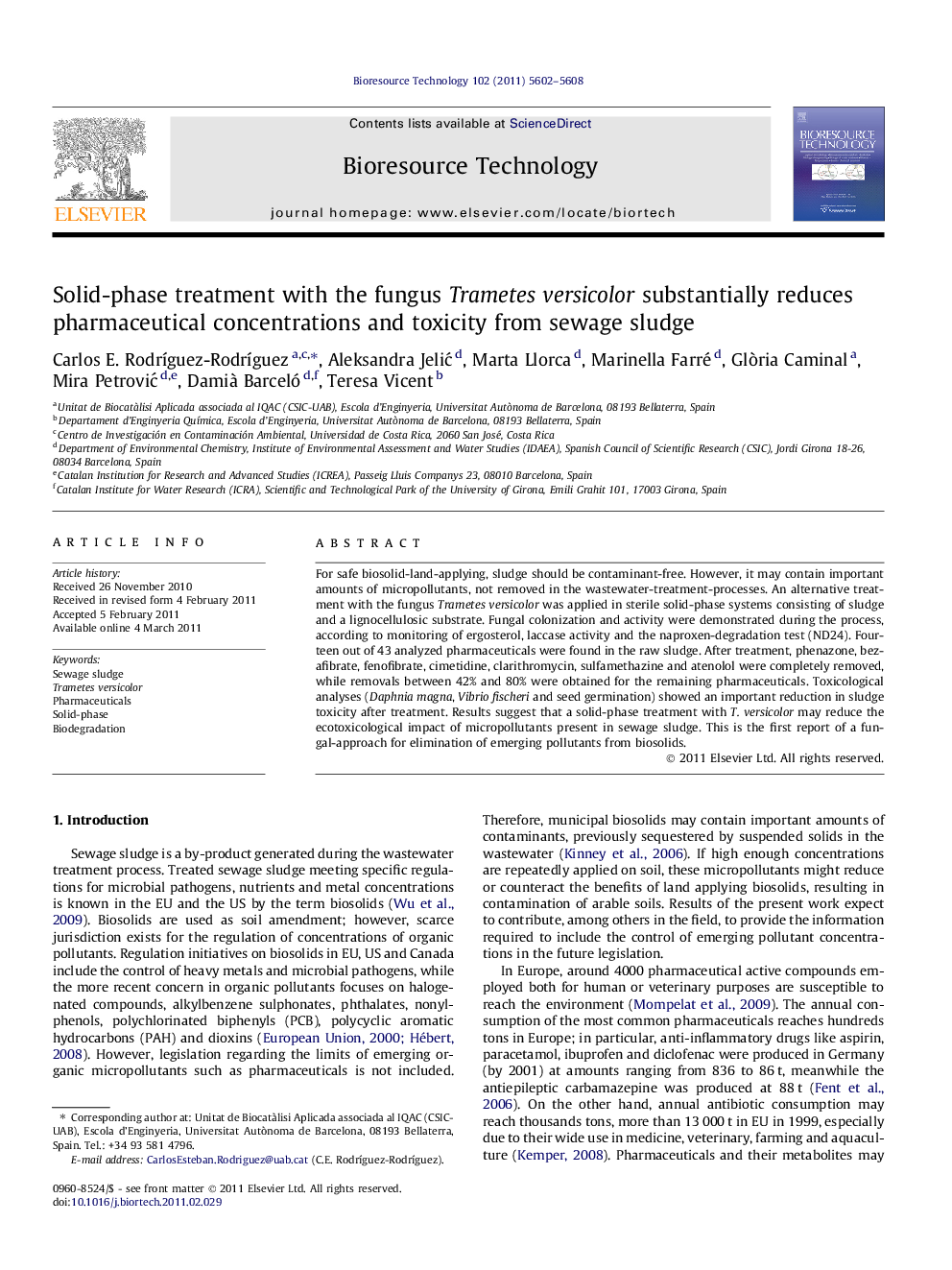 عکس صفحه اول مقاله: Solid-phase treatment with the fungus Trametes versicolor substantially reduces pharmaceutical concentrations and toxicity from sewage sludge Solid-phase treatment with the fungus Trametes versicolor substantially reduces pharmaceutical concentrations and toxicity from sewage sludge